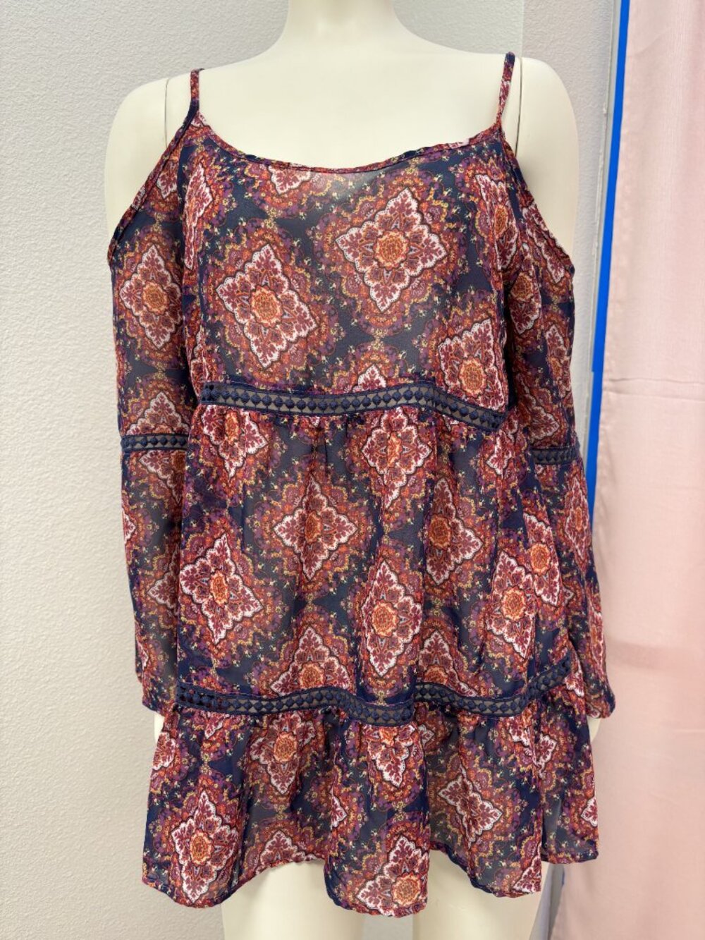 Paper Crane Small Boho Floral Cold Shoulder Tunic Top Pom Pom Trim
